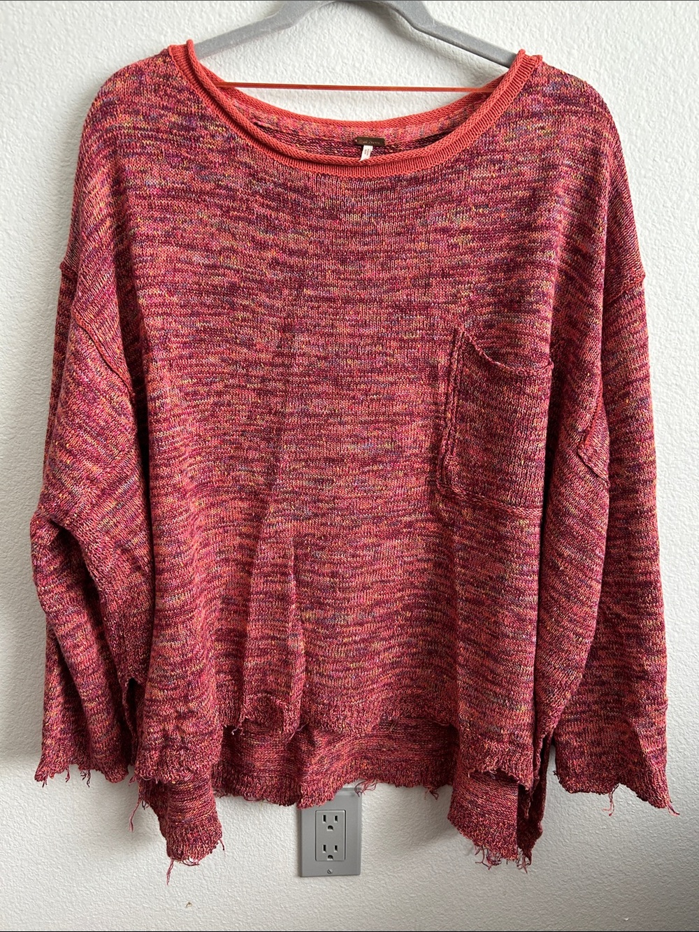 Free People Marled Coral-Pink Oversized Crewneck Sweater
